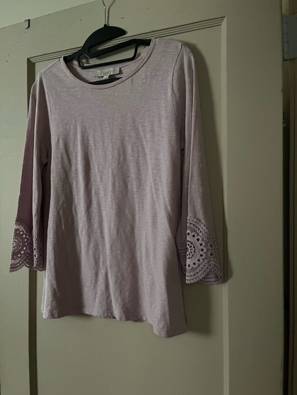 LOFT Light Lavender Crochet Bell-Sleeve Long Sleeve Tee